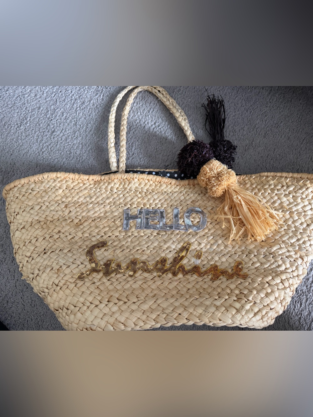 Woven Straw Tote Bag in Natural with Pom Tassels